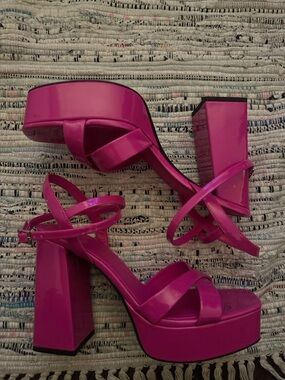 Platform Block Heel Sandals in Hot Pink - Women's Strappy Dress Heels
